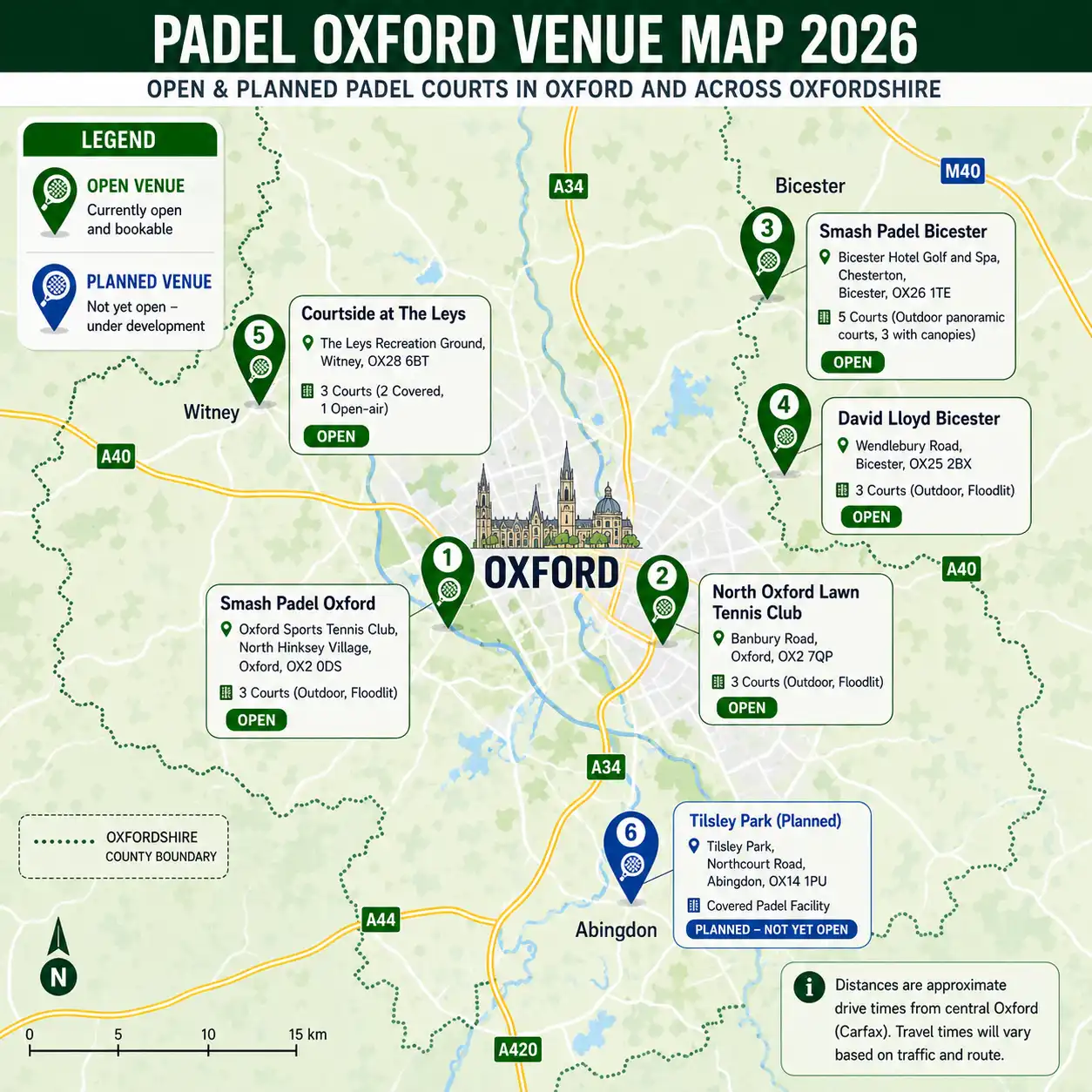 Map of open and planned padel courts in Oxford and nearby Oxfordshire, 2026