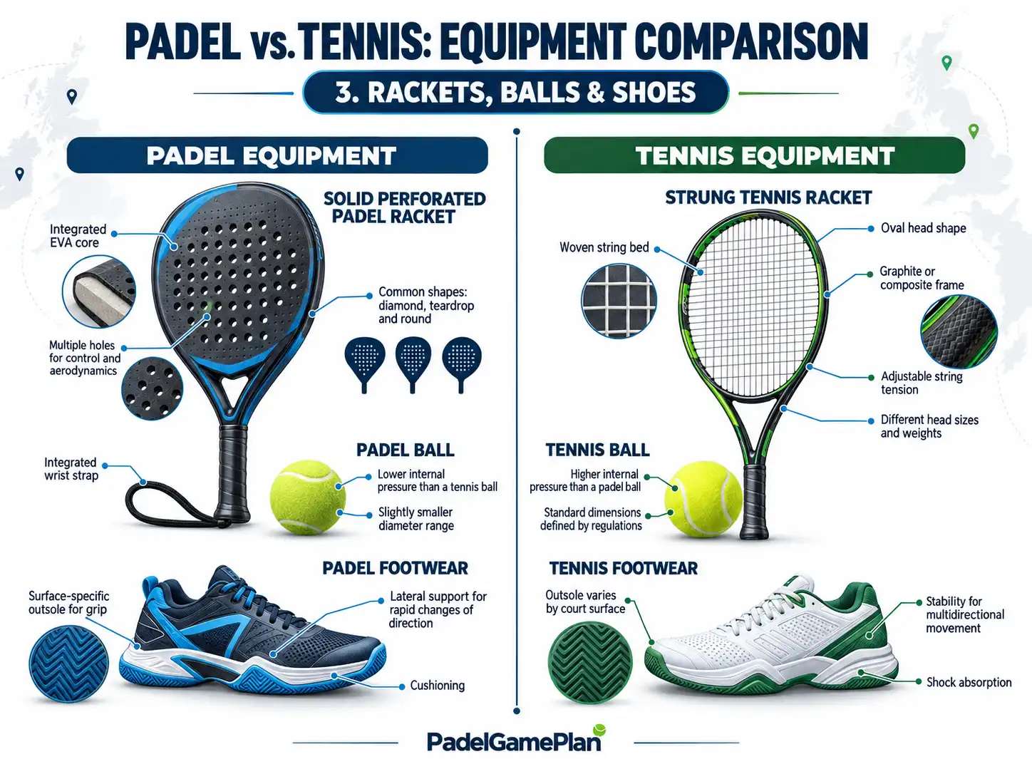 Padel racket, ball and shoes compared with tennis racket, ball and court shoes