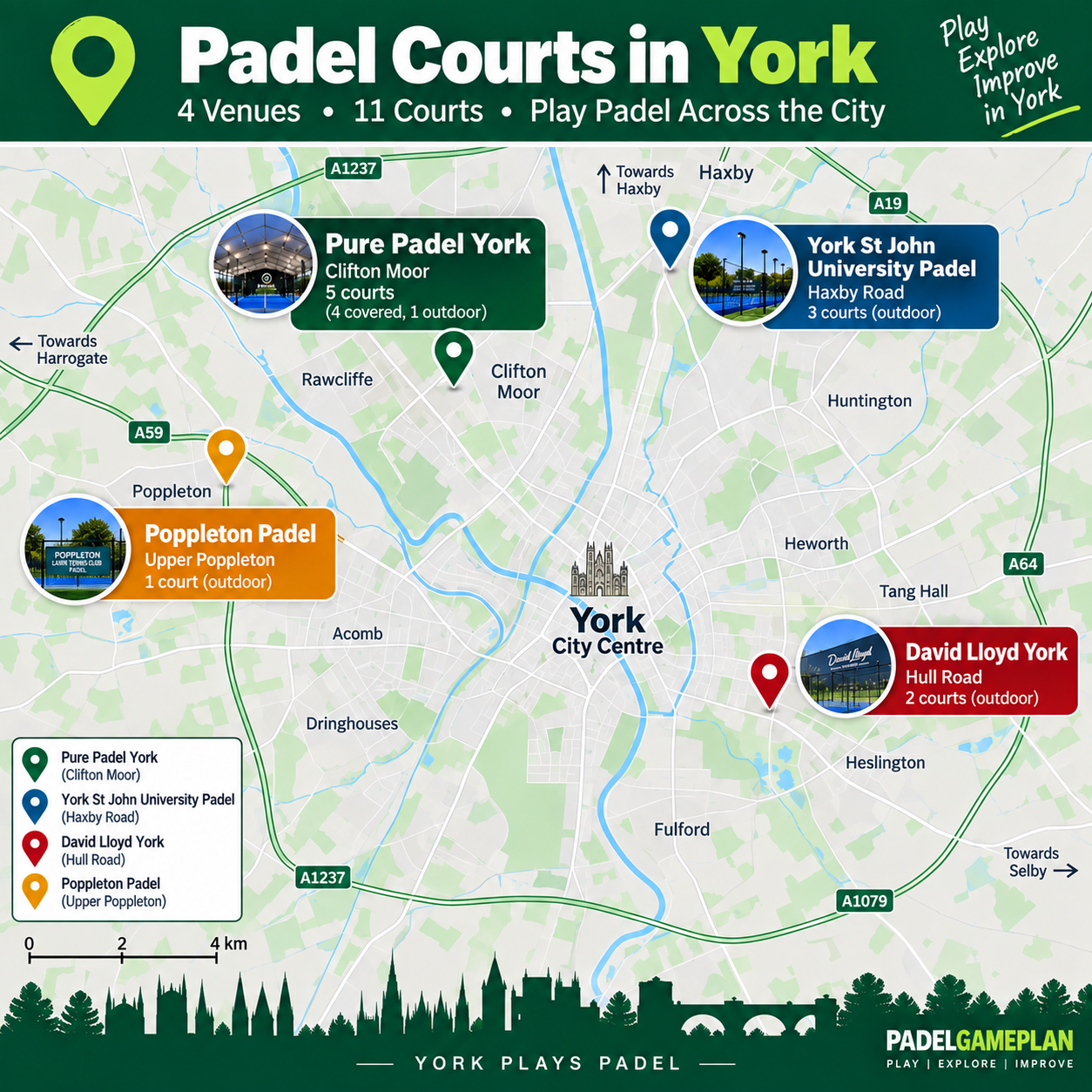 Map of padel courts in York 2026
