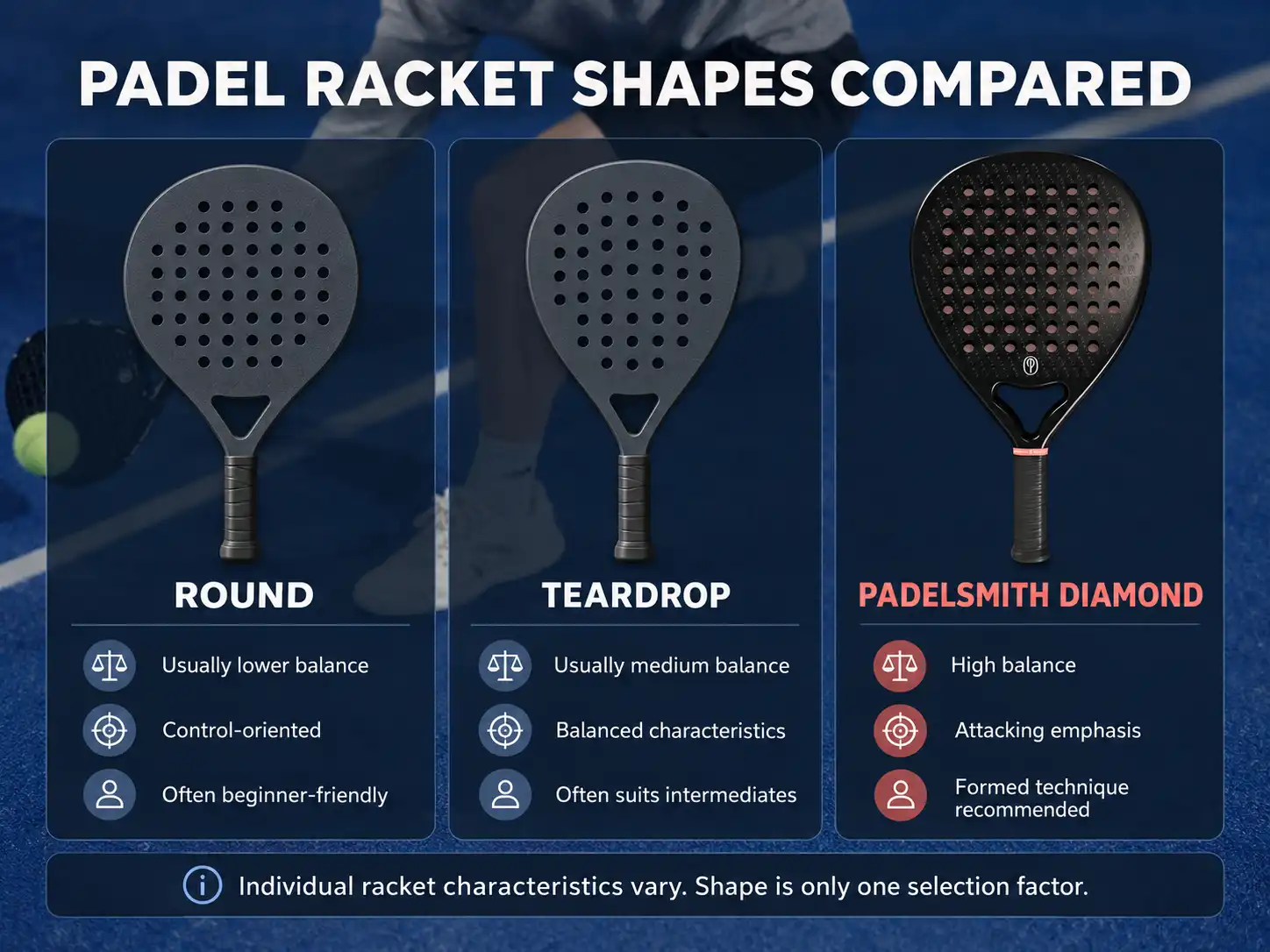 Comparison of round, teardrop and Padelsmith diamond padel racket shapes