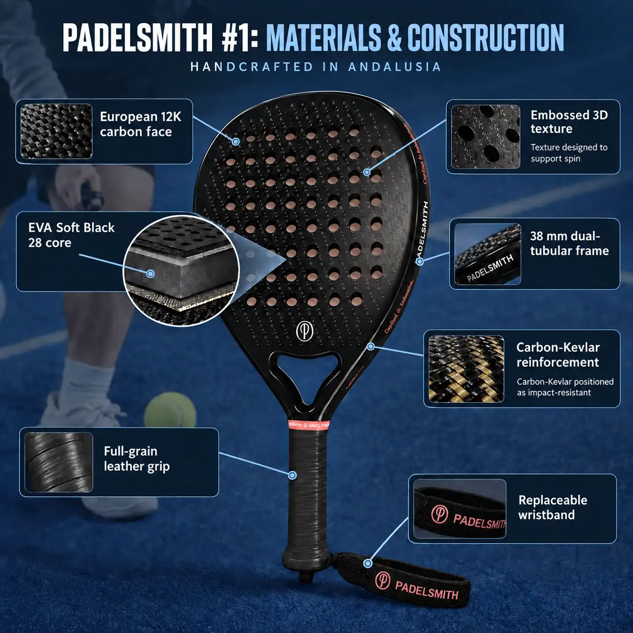 Diagram showing the 12K carbon face, EVA core and carbon-Kevlar frame of the Padelsmith #1